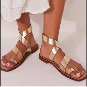 NWOB Free People Romeo Leather Wrap Sandals Gold Sz 37